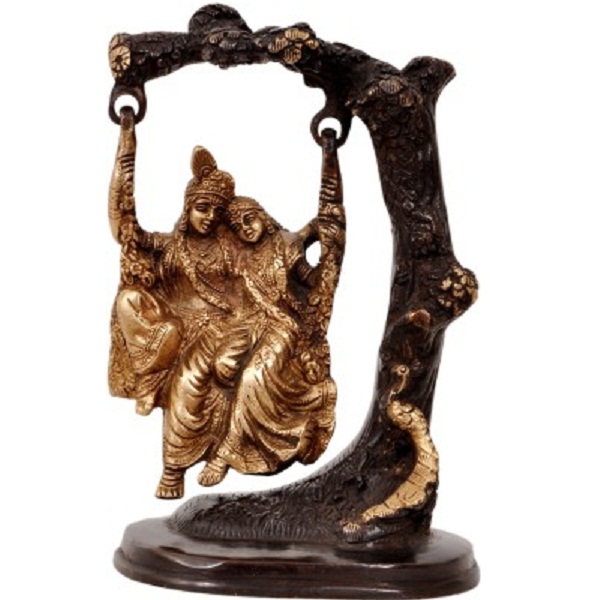 Aesthetic Decors Radha Krishna Swing on Tree in Bown Gold Showpiece