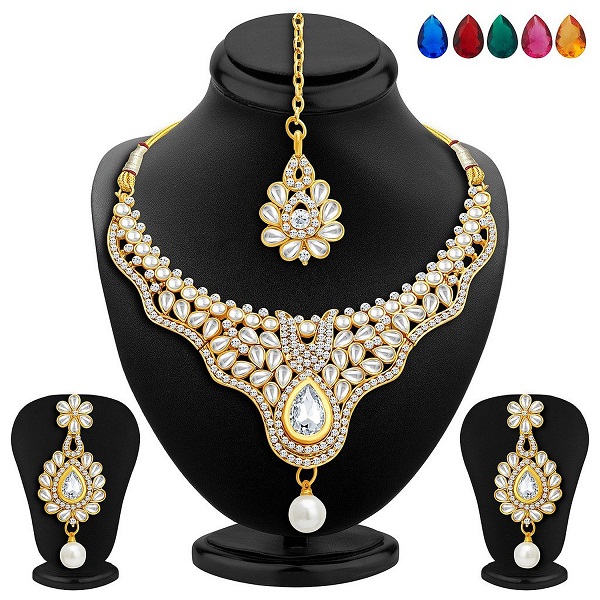 Sukkhi Creative Gold Plated AD Necklace Set with Set of 5 Changeable Stone for Women