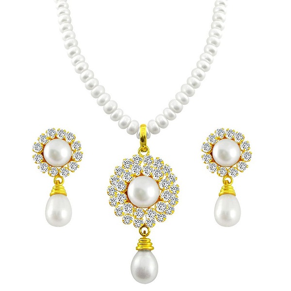 Sri Jagdamba Pearls Pearl White Pendant Necklace With Earrings Set