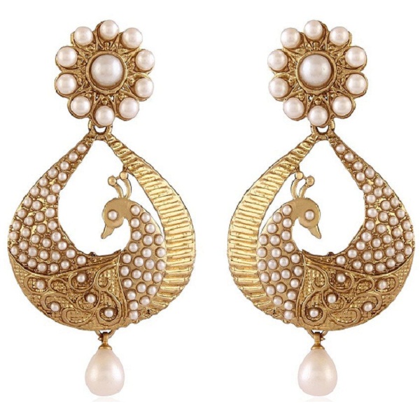 I Jewels White Gold Plated Peacock Shaped Pearl Dangle And Drop Earring