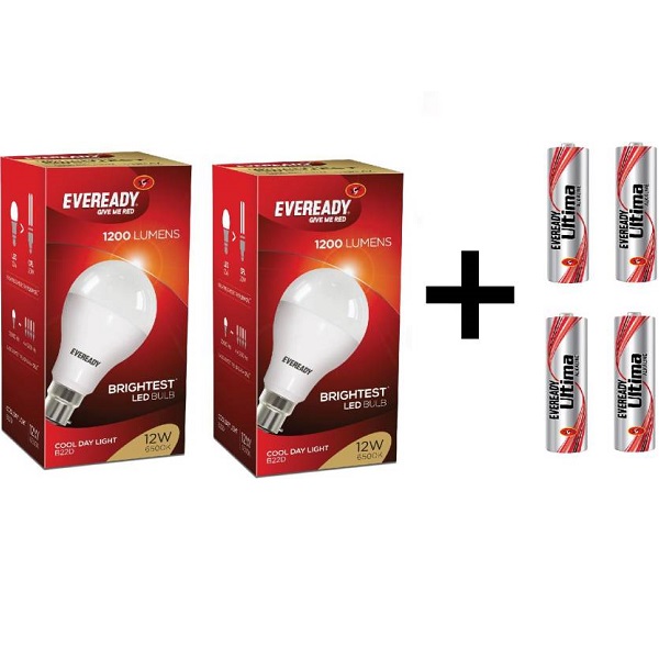 Eveready 12W LED Bulb Pack of 2 with Free 4 Batteries