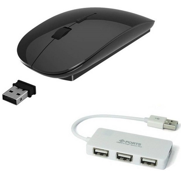 ROQ High Speed 4 port USB Hub With Ultra Slim Wireless Optical Mouse