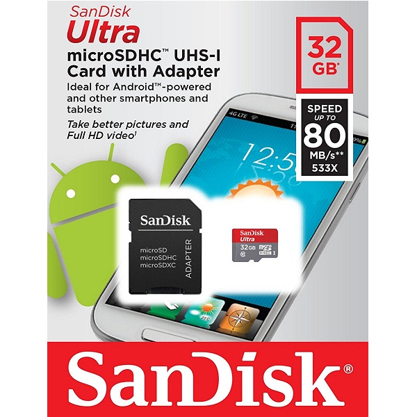 SanDisk Ultra MicroSDHC 32GB Class 10 Memory Card With Adapter