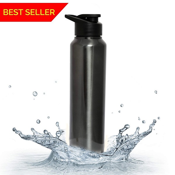 Zafos Glossy Black Stainless Steel Fridge Water Bottle 1000 ml