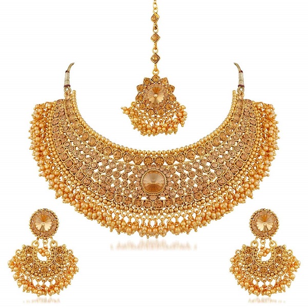 Apara Bridal Gold Plated Pearl LCT Stones Choker Necklace Set 